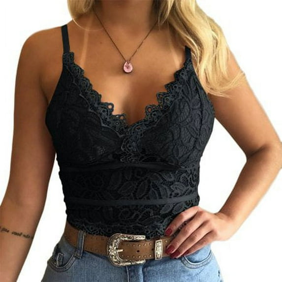 ZOELNIC Sleeveless V-Neck Spaghetti Straps Push Up Crop Top Lace Bra Tank Tops