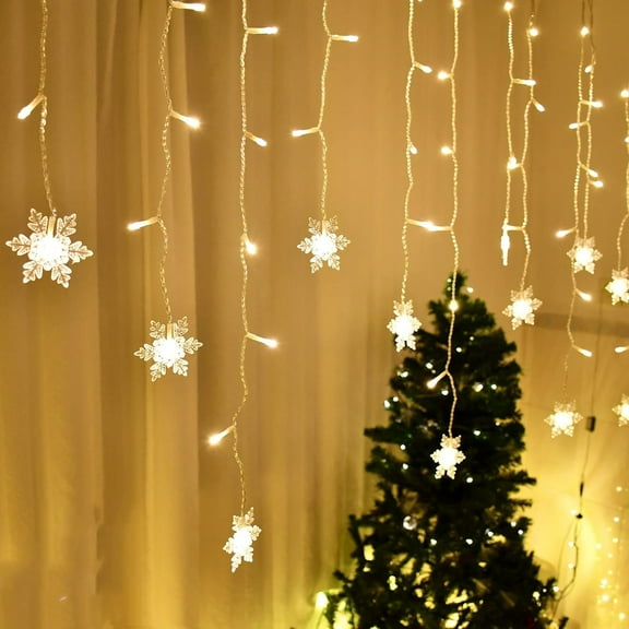 ZOELNIC Snowflake Window Curtain Lights, 11.5ft 96 LED Snowflake Christmas Lights with 8 Lighting Modes Twinkle Fairy Light for Christmas Tree,Bedroom,House, Holiday,Yard Decoration (Warm White)