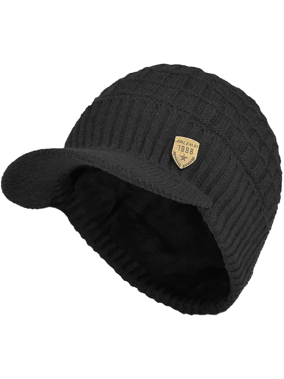 Sports Winter Outdoor Knit Visor Hat Billed Beanie with Brim Warm Fleece Lined for Men and Women, Black