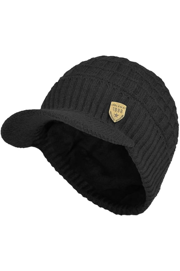Sports Winter Outdoor Knit Visor Hat Billed Beanie with Brim Warm Fleece Lined for Men and Women, Black