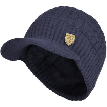 ZOELNIC Sports Winter Outdoor Knit Visor Hat Billed Beanie with Brim Warm Fleece Lined for Men and Women, Blue