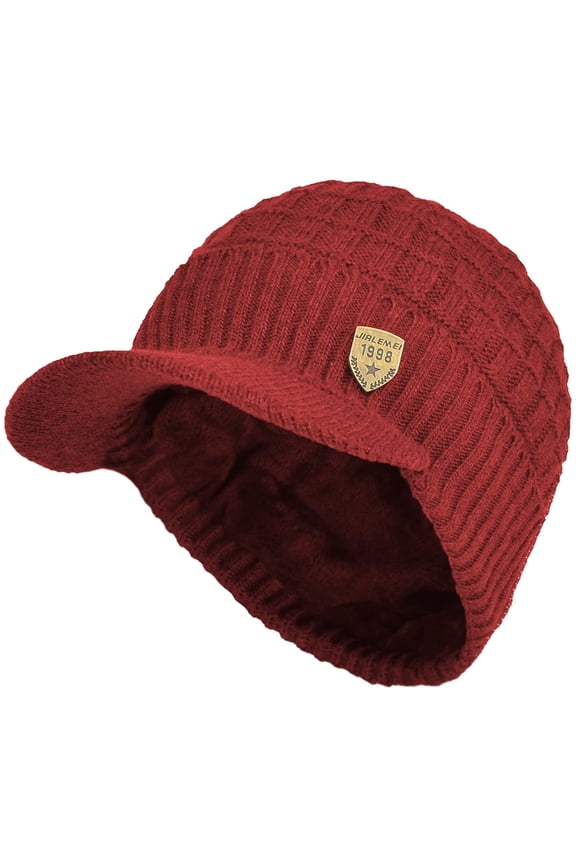 Sports Winter Outdoor Knit Visor Hat Billed Beanie with Brim Warm Fleece Lined for Men and Women, Red