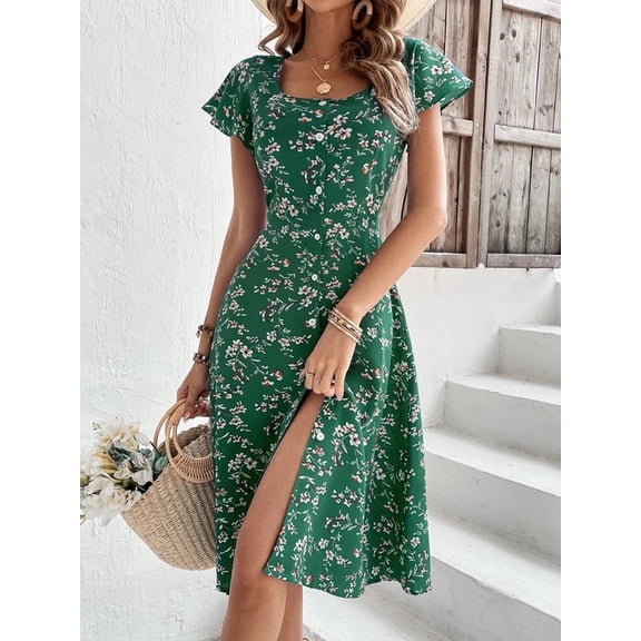 ZOELNIC Summer Floral Print Maxi Dress for Women Button Up Split Long Flowy Bohemian Beach Party Dresses, M