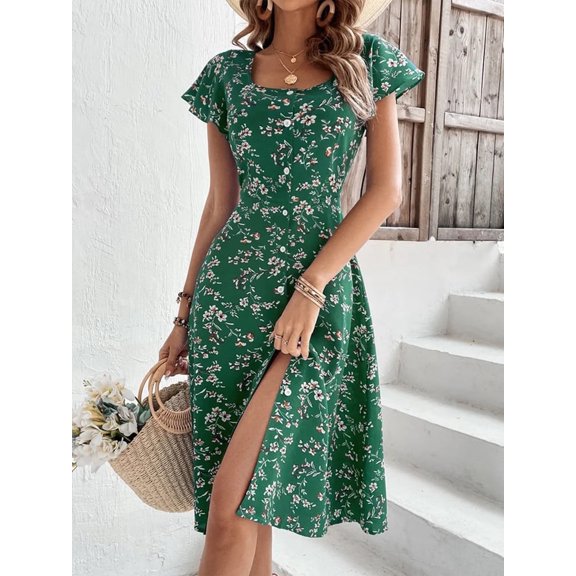 ZOELNIC Summer Floral Print Maxi Dress for Women Button Up Split Long Flowy Bohemian Beach Party Dresses, XL