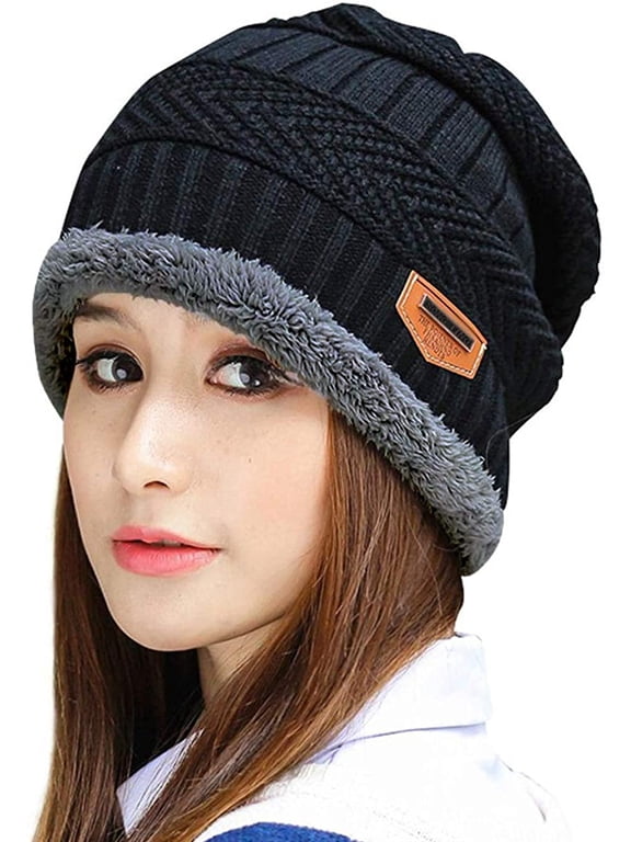 Unisex Winter Beanie Hat Warm Knit Hat Thick Fleece Lined Winter Cap Warmer for Men Women ,Black