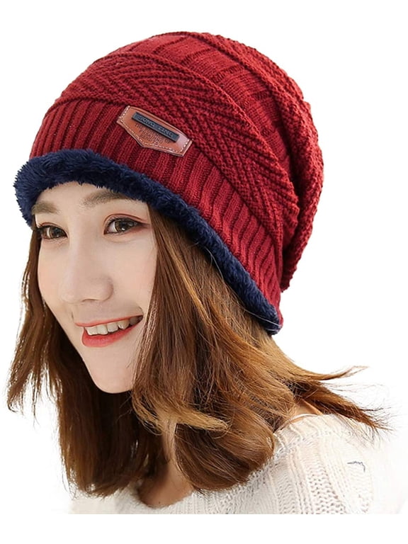 Unisex Winter Beanie Hat Warm Knit Hat Thick Fleece Lined Winter Cap Warmer for Men Women ,Red