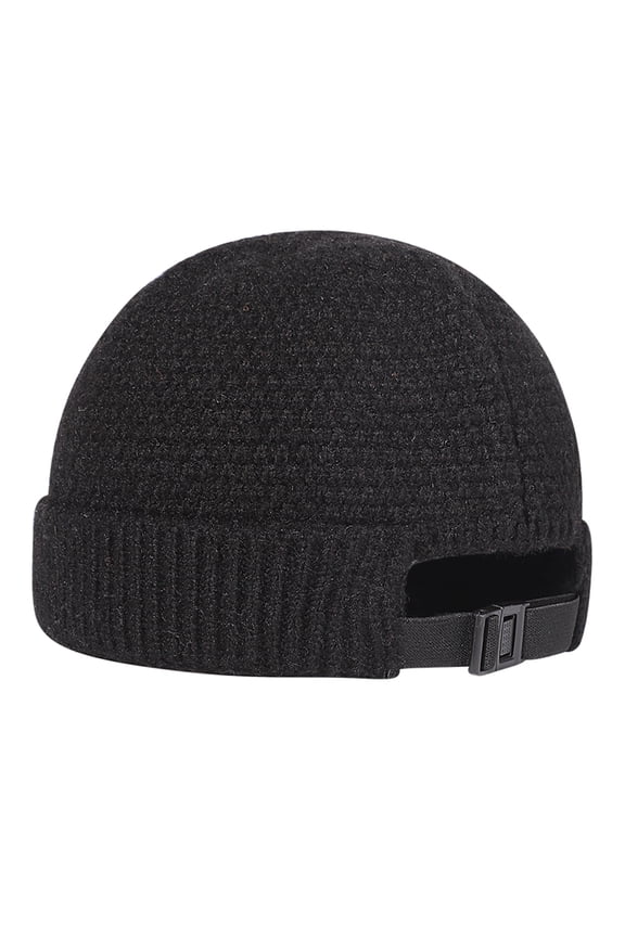 Unisex Winter Knit Hat, Warm Rolled Cuff Brimless Beanie Hat  with Adjustable Buckle for Men and Women Black