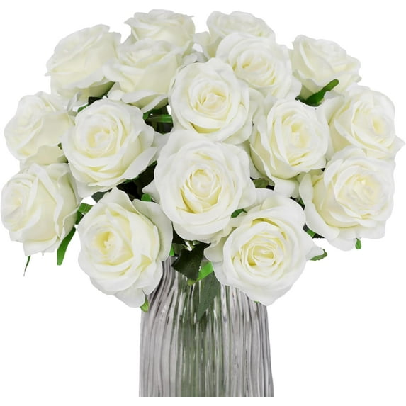ZOELNIC White Fake Roses Artificial Flowers - 16 Pcs Fake Artificial Roses Silk Flowers with Stems for Home Wedding Hotel Office Centerpiece Decor