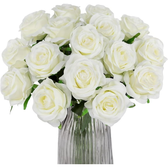 ZOELNIC White Fake Roses Artificial Flowers - 16 Pcs Fake Artificial Roses Silk Flowers with Stems for Home Wedding Hotel Office Centerpiece Decor