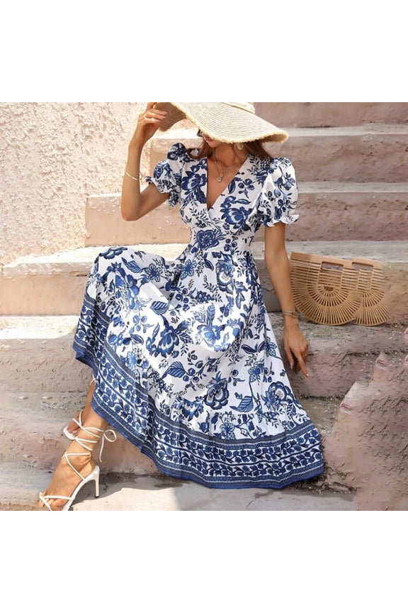 Women Floral Maxi Dress Short Puff Sleeve V Neck Bohemian Flowy Smocked Long Dress, S