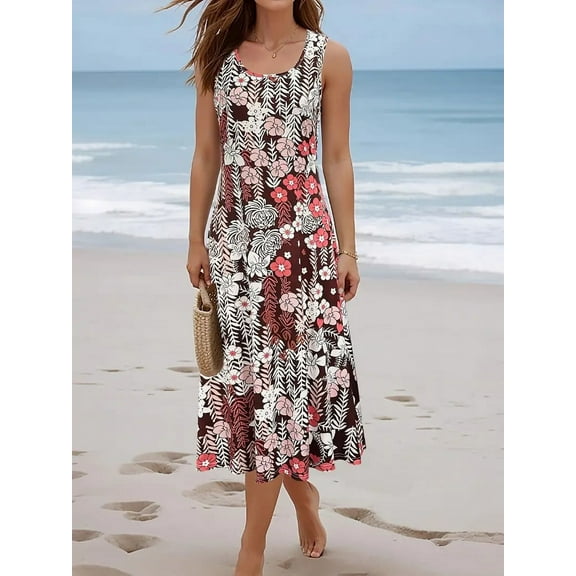 ZOELNIC Women Floral Summer Maxi Dress Casual Beach Dress Printed Sleeveless Boho Flowy Tank Dress, S