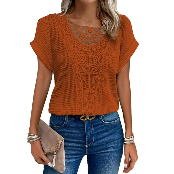ZOELNIC Women Lace Trim Short Sleeve Shirts Dressy Casual Tops Summer Tee Shirt, L