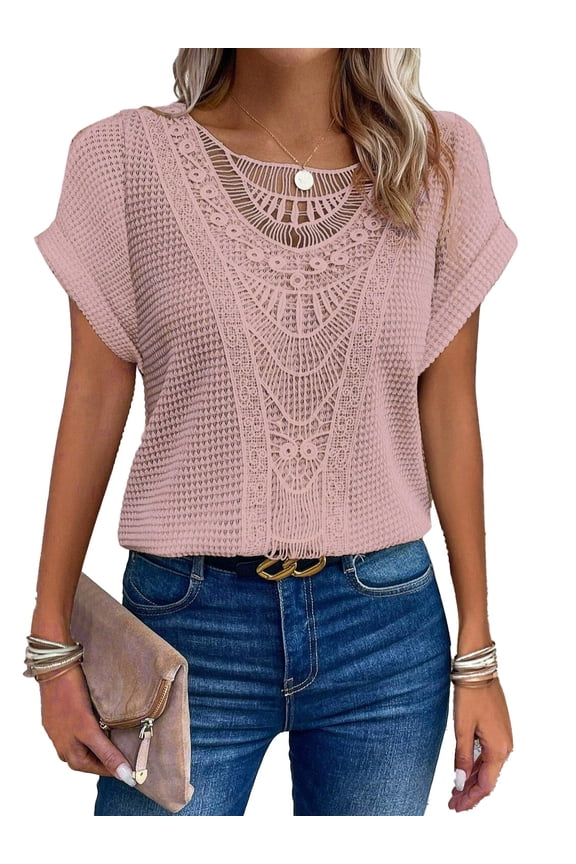 Women Lace Trim Short Sleeve Shirts Dressy Casual Tops Summer Tee Shirt, M