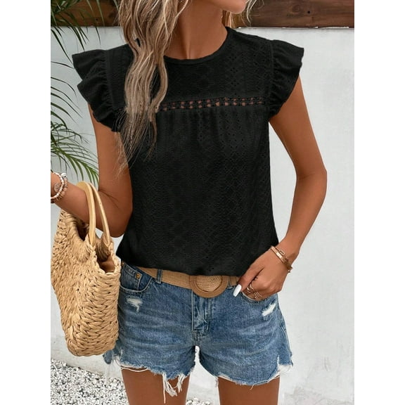 ZOELNIC Women Summer Eyelet Tops Dressy Casual V Neck Ruffle Cap Sleeve Shirts Lace Embroidered Blouses, M
