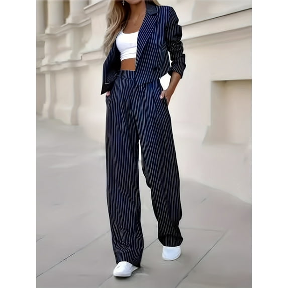 ZOELNIC Women's 2 Piece Blazer Set Striped Cropped Blazers Jacket High Waist Wide Leg Work Pants Business Suit Outfits, M