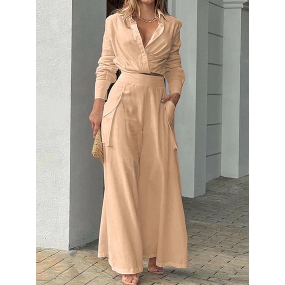 ZOELNIC Women's 2 Piece Outfits 2025 Fall Fashion V Neck Long Sleeve Ruched Crop Top High Waisted Wide Leg Pant Sets, M
