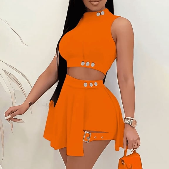 ZOELNIC Women's 2 Piece Outfits Skirt Sets Summer Sleeveless Crop Top Pleated Short Mini Skirt, M