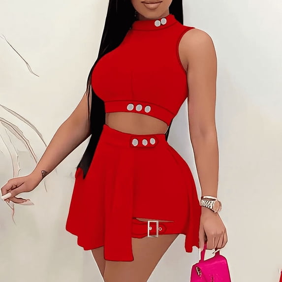 ZOELNIC Women's 2 Piece Outfits Skirt Sets Summer Sleeveless Crop Top Pleated Short Mini Skirt, XL