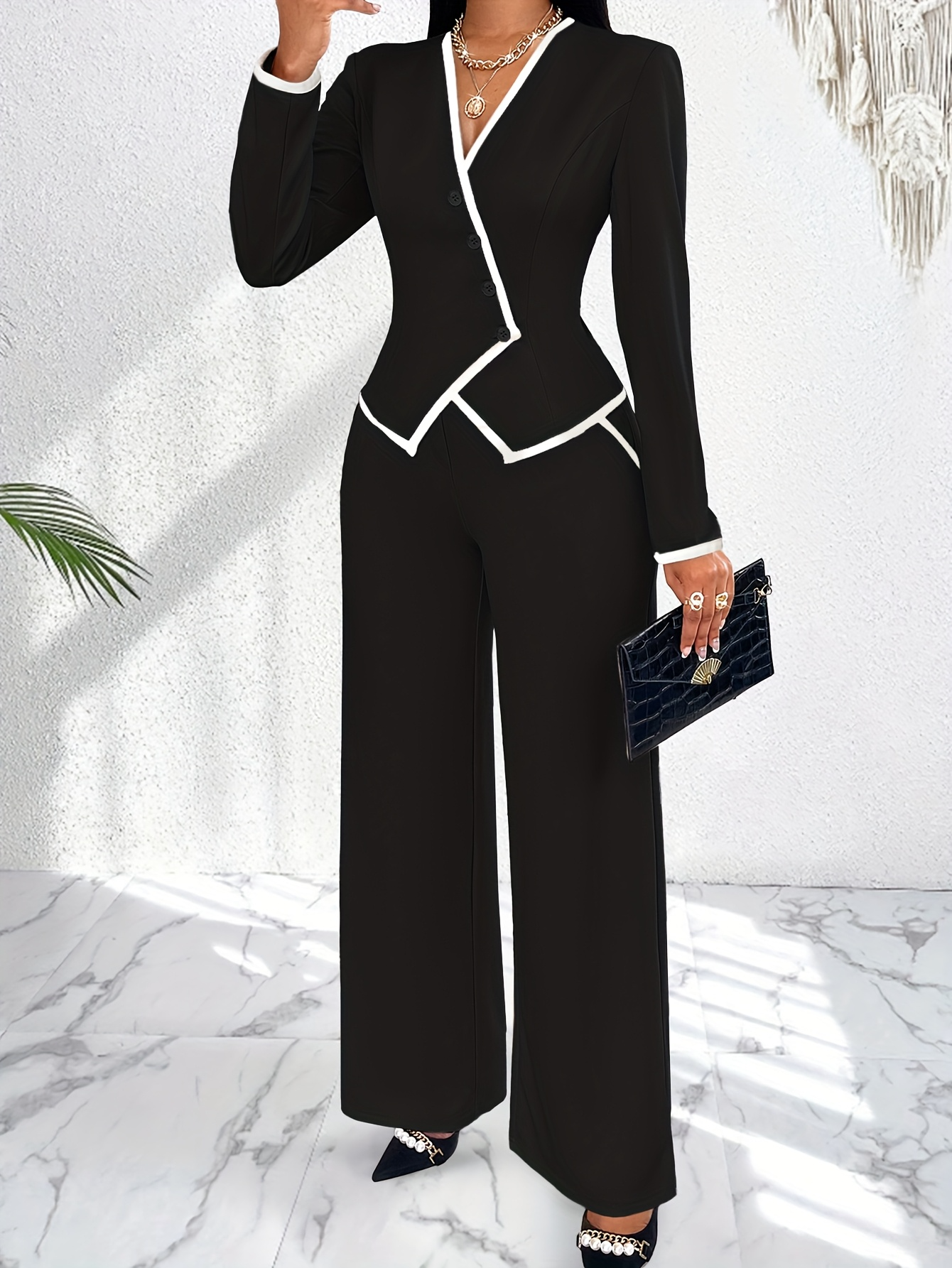 Double Breasted Long Sleeve Blazer Two-piece Set - Elegant Color Block Women's Clothing - Pants Outfits