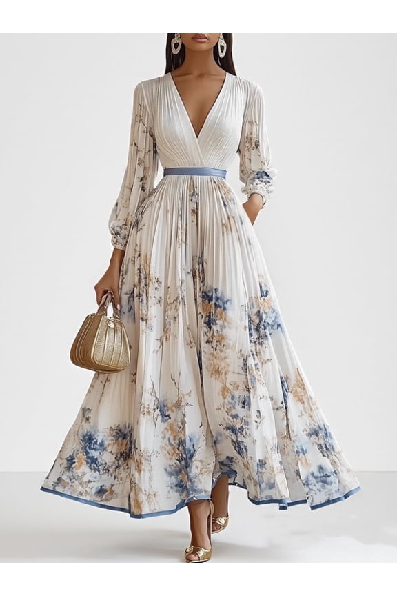 Women's 2025 Fall Floral Print Maxi Dress V-Neck Empire Waist Long Sleeve A-Line Flowy Boho Party Dress, M
