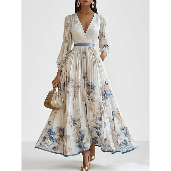 ZOELNIC Women's 2025 Fall Floral Print Maxi Dress V-Neck Empire Waist Long Sleeve A-Line Flowy Boho Party Dress, S