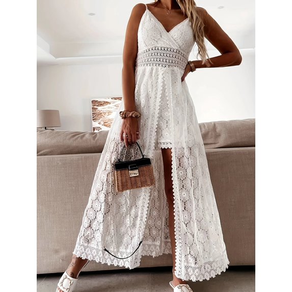 ZOELNIC Women's Boho Chic Lace Jumpsuit - Spaghetti Strap Deep V Neck Romper, Beach Wedding Guest Dress & Summer Party Outfit, L