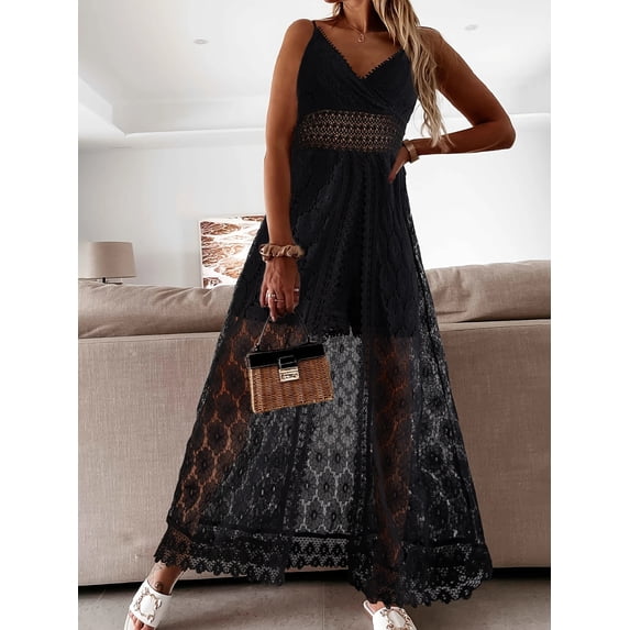 ZOELNIC Women's Boho Chic Lace Jumpsuit - Spaghetti Strap Deep V Neck Romper, Beach Wedding Guest Dress & Summer Party Outfit, M