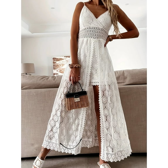 ZOELNIC Women's Boho Chic Lace Jumpsuit - Spaghetti Strap Deep V Neck Romper, Beach Wedding Guest Dress & Summer Party Outfit, S