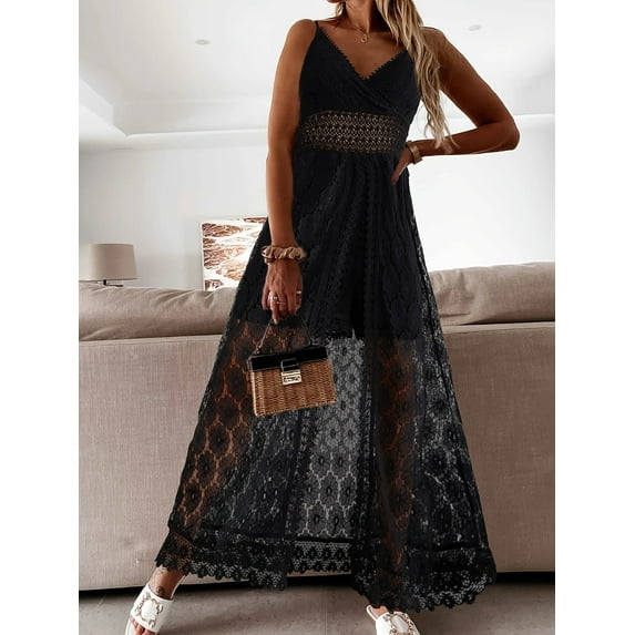 ZOELNIC Women's Boho Chic Lace Jumpsuit - Spaghetti Strap Deep V Neck Romper, Beach Wedding Guest Dress & Summer Party Outfit, XL