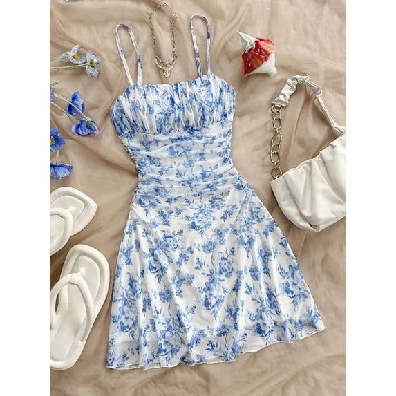 ZOELNIC Women's Boho Floral Mini Dress Spaghetti Strap Ruched Ruffle Sundress, Casual Summer Beach Vacation Party Dress, S