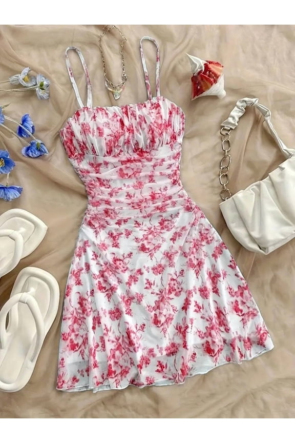 Women's Boho Floral Mini Dress Spaghetti Strap Ruched Ruffle Sundress, Casual Summer Beach Vacation Party Dress, XL