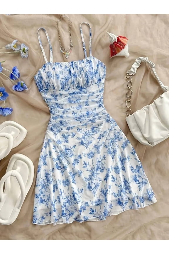 Women's Boho Floral Mini Dress Spaghetti Strap Ruched Ruffle Sundress, Casual Summer Beach Vacation Party Dress, XS