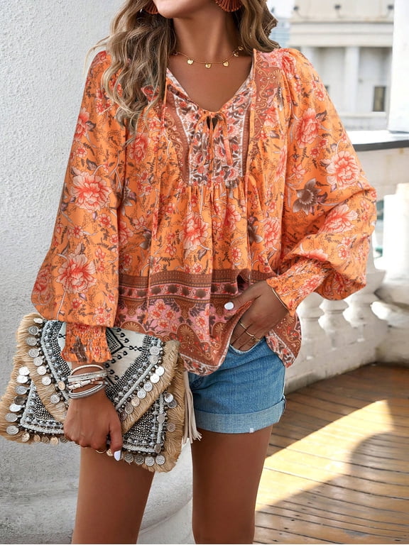 Women's Boho Floral Print Blouse Dressy V-Neck Lantern Sleeve Top with Drawstring Detail, Casual Long Sleeve Shirt for Work or Weekend, L