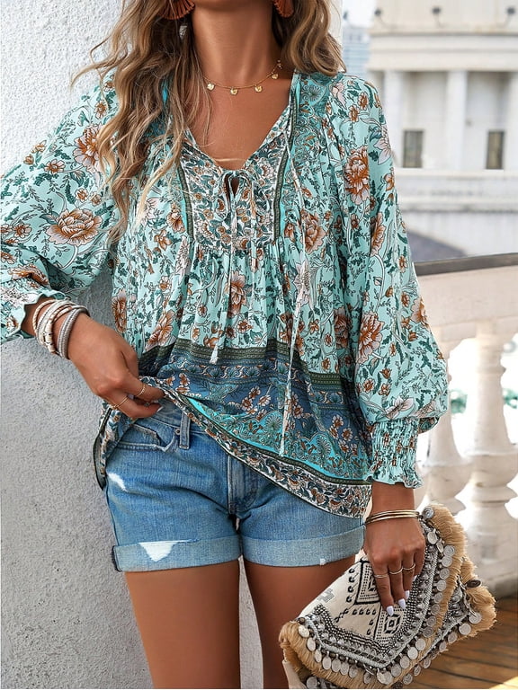 Women's Boho Floral Print Blouse Dressy V-Neck Lantern Sleeve Top with Drawstring Detail, Casual Long Sleeve Shirt for Work or Weekend, XL