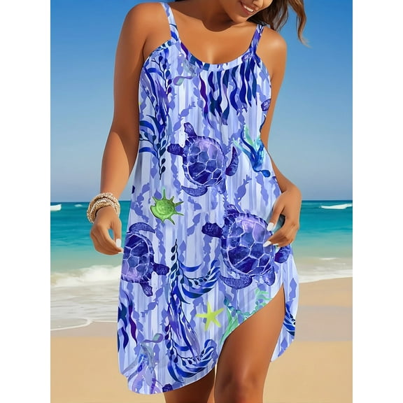 ZOELNIC Women's Boho Turtle Print Midi Dress Sleeveless Crew Neck, Summer Casual Beach Dress, 2XL