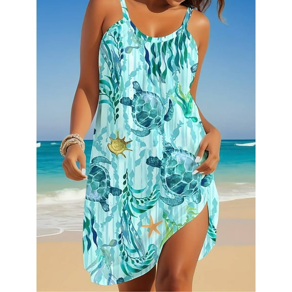 ZOELNIC Women's Boho Turtle Print Midi Dress Sleeveless Crew Neck, Summer Casual Beach Dress, L