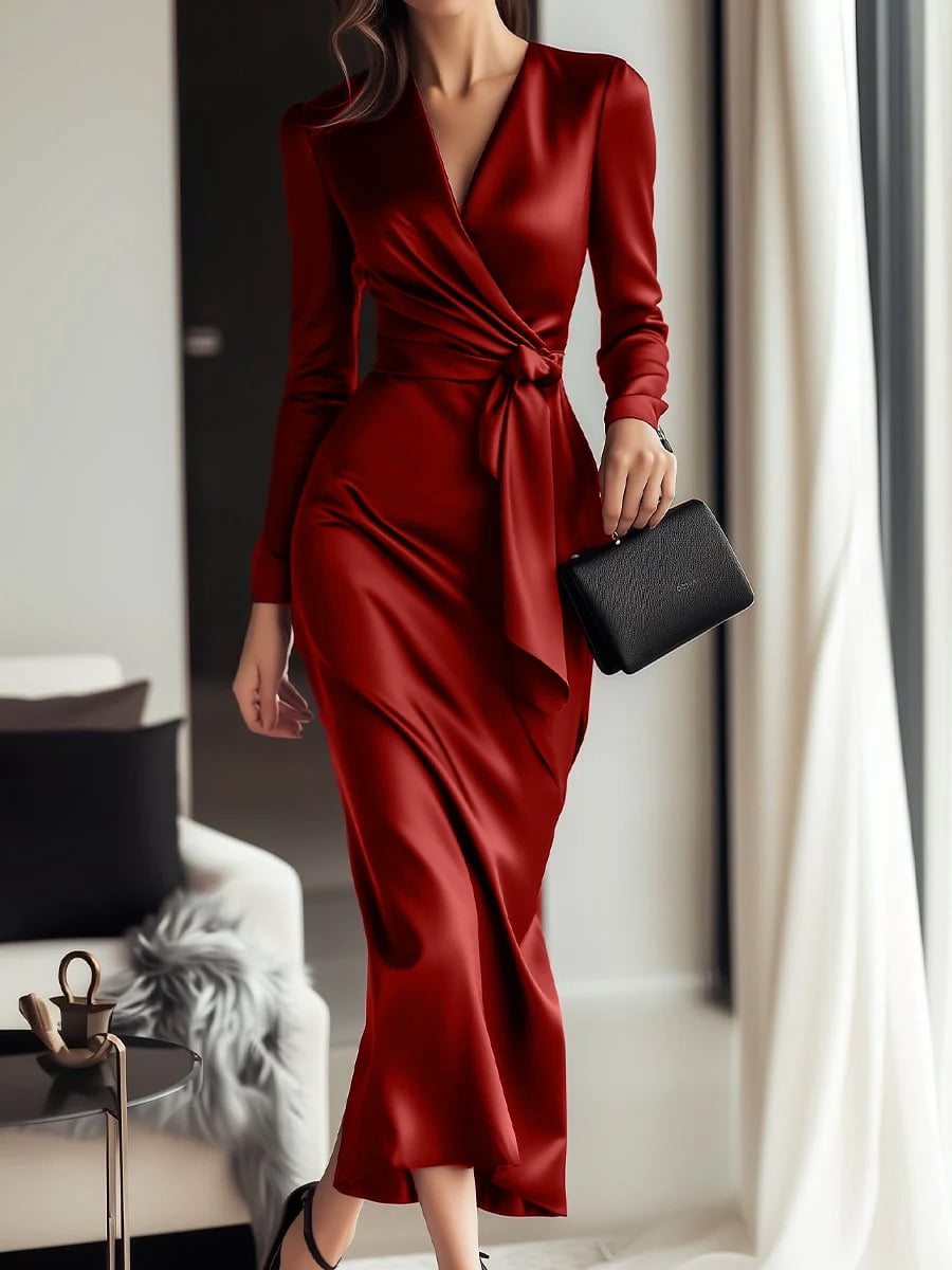 princess polly baby blue dress ZOELNIC Women's Burgundy Satin Midi Dress Elegant V-Neck Long Sleeve  Bodycon Dress with Belted Waist for Parties & Formal Events, L