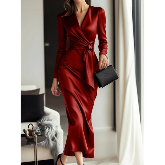ZOELNIC Women's Burgundy Satin Midi Dress Elegant V-Neck Long Sleeve Bodycon Dress with Belted Waist for Parties & Formal Events, S