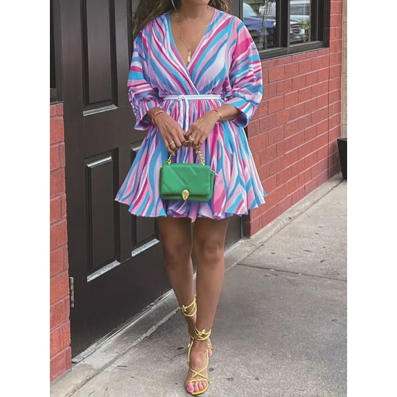 ZOELNIC Women's Colorful Stripe Mini Dress - 3/4 Sleeve V-Neck Ruffle Hem A-Line Vacation Beach Dress for Casual Summer Wear, L