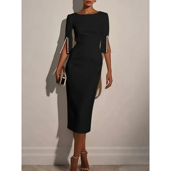 ZOELNIC Women's Elegant Bodycon Dress Crew Neck Pearl Accent Midi Dress, Split Sleeve & Back Zipper, Party Club Cocktail Dress,M