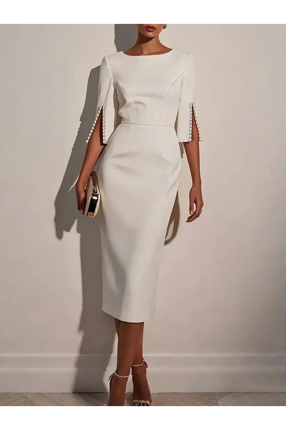 Women's Elegant Bodycon Dress Crew Neck Pearl Accent Midi Dress, Split Sleeve & Back Zipper, Party Club Cocktail Dress,S