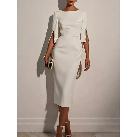 ZOELNIC Women's Elegant Bodycon Dress Crew Neck Pearl Accent Midi Dress, Split Sleeve & Back Zipper, Party Club Cocktail Dress,S