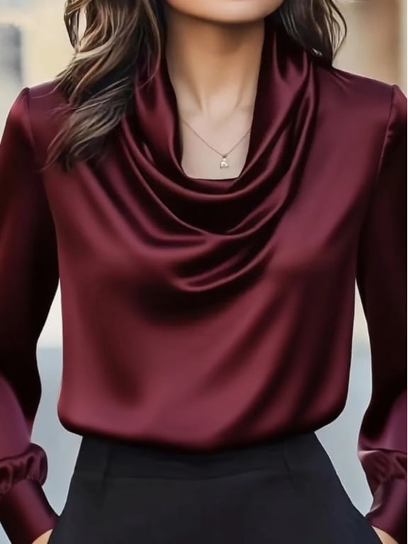 Women's Elegant Cowl Neck Blouse Draped Long Sleeve for Office & Work Wear, 2XL