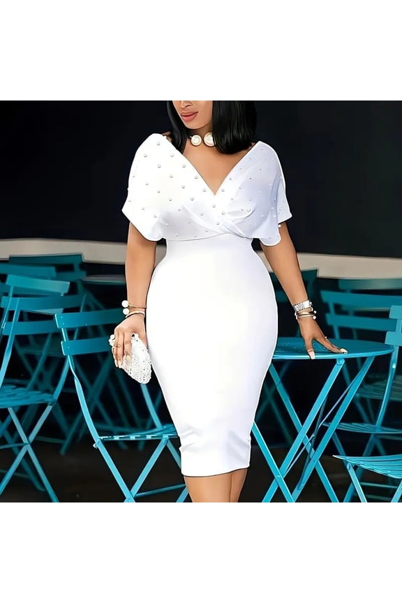 Women's Elegant Deep V Neck Wrap Ruched Bodycon Dress Back Zipper Pencil Midi Dress Cocktail Party Work Dress, XL