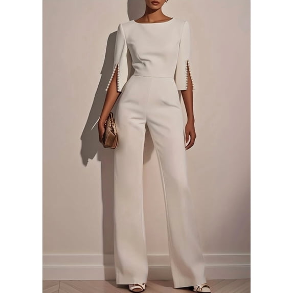 ZOELNIC Women's Elegant Formal Jumpsuit Long Sleeve Pearl Accent Jumpsuit, Mid-Length Sleeve with Side Slit & Back Zipper, Office to Evening Wear, L