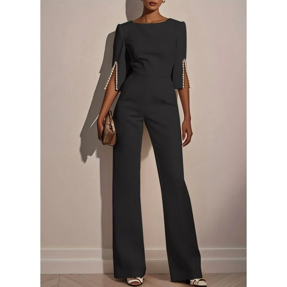 ZOELNIC Women's Elegant Formal Jumpsuit Long Sleeve Pearl Accent Jumpsuit, Mid-Length Sleeve with Side Slit & Back Zipper, Office to Evening Wear, M