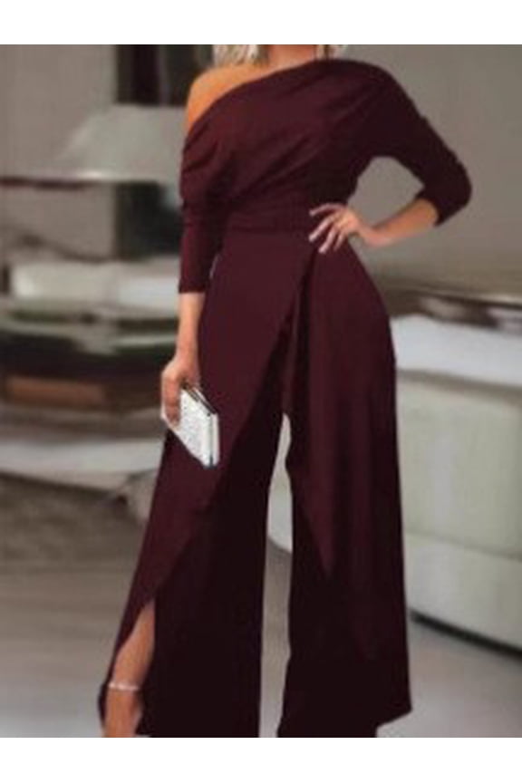 Women's Elegant One Shoulder Long Sleeves Split Wide Leg Pants Clubwear Party Dressy Jumpsuits, L