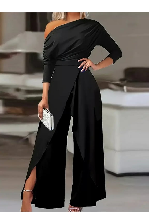 Women's Elegant One Shoulder Long Sleeves Split Wide Leg Pants Clubwear Party Dressy Jumpsuits, S