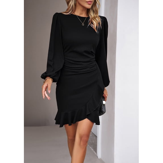 ZOELNIC Women's Elegant Puff Long Sleeve Midi Dress with Crew Neck & Ruffle Hem for Office Casual, XL