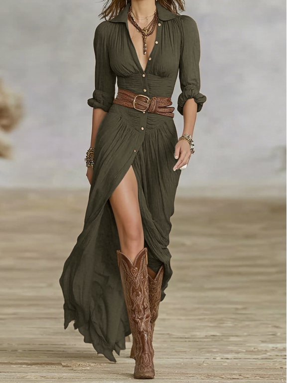 Women's Elegant Ruched Maxi Shirt Dress with Belt, Asymmetrical Hem & Long Sleeve, XL